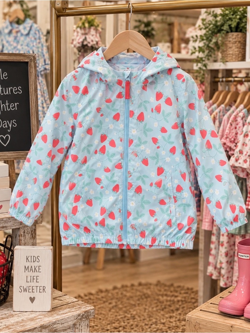 Girls Toddler Cat & Jack Strawberry Print Blue Hooded Rain Jacket size 4T - 5T